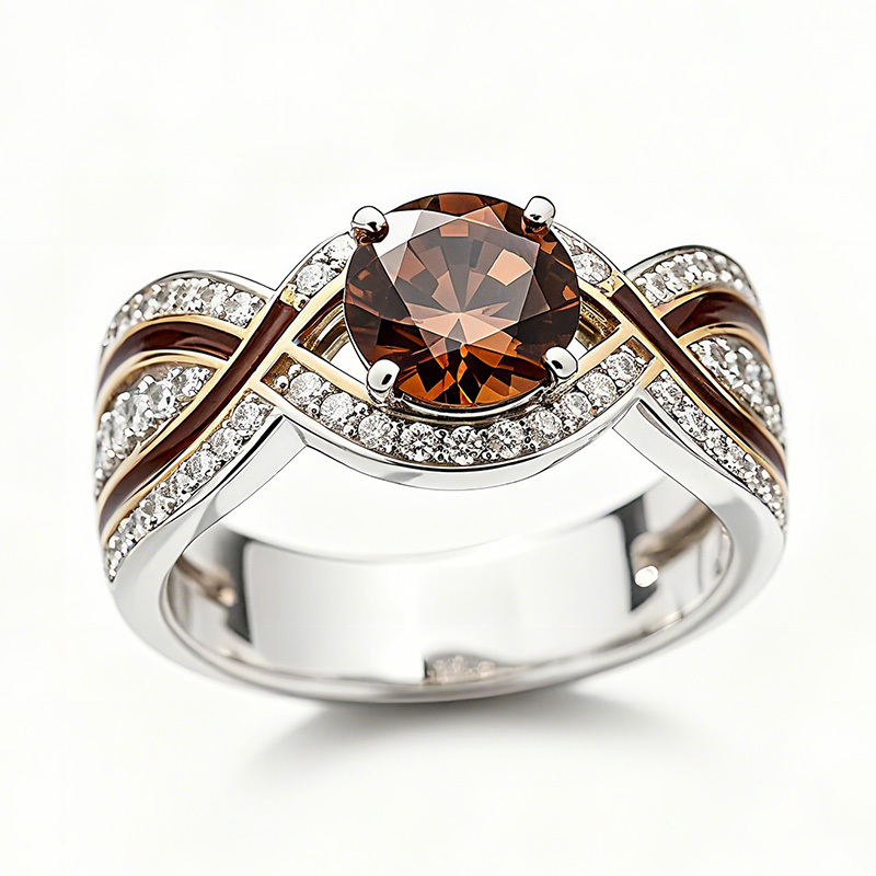 Sotiya Round Cut Crossover Coffee Enamel Engagement Ring Sterling Silver-Sotiya