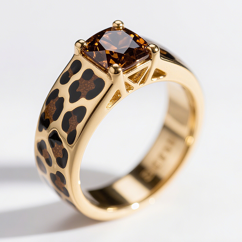 Sotiya Princess Cut Leopard Print Coffee Enamel Ring Sterling Silver-Sotiya