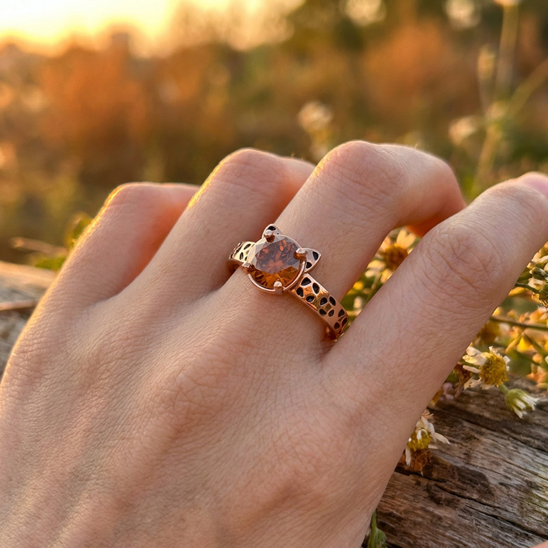 Sotiya Cat Design Round Cut Leopard Print Coffee Enamel Ring Sterling Silver-Sotiya