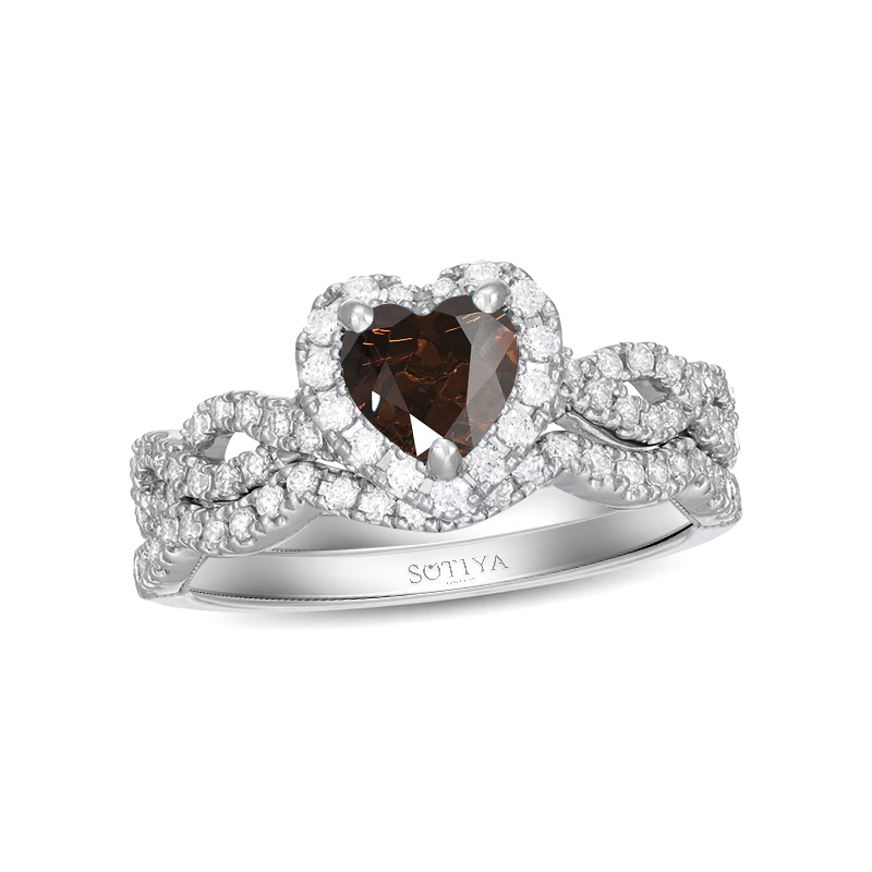 Sotiya Halo Heart Cut Twist Coffee Wedding Ring Set Sterling Silver-Sotiya