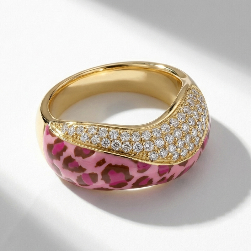 Sotiya Leopard Print Pink Enamel Ring Sterling Silver-Sotiya