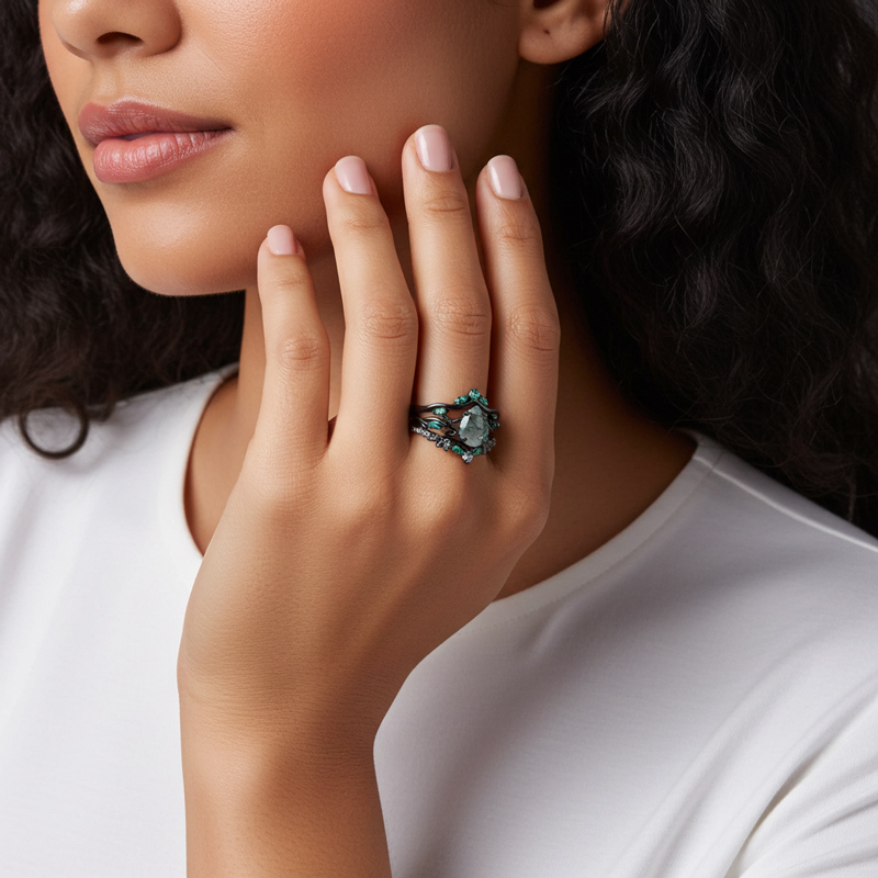 Sotiya 3PC Nature Inspired Pear Cut Green Moss Agate Wedding Bridal Ring Set Sterling Silver-Sotiya