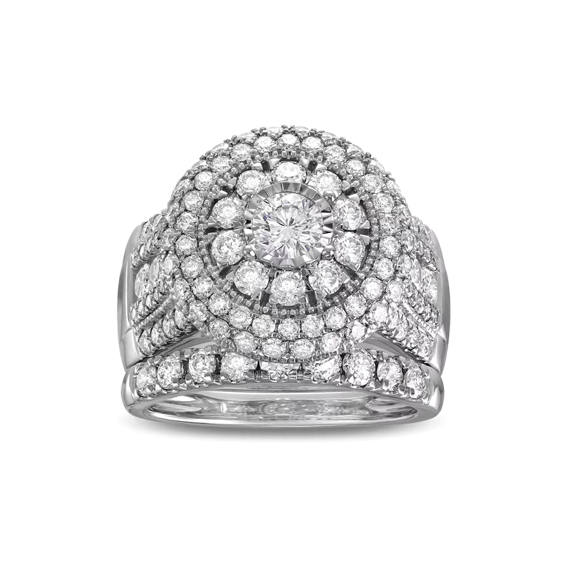 Sotiya Three Halo Milgrain Round Cut Wedding Ring Set Sterling Silver-Sotiya