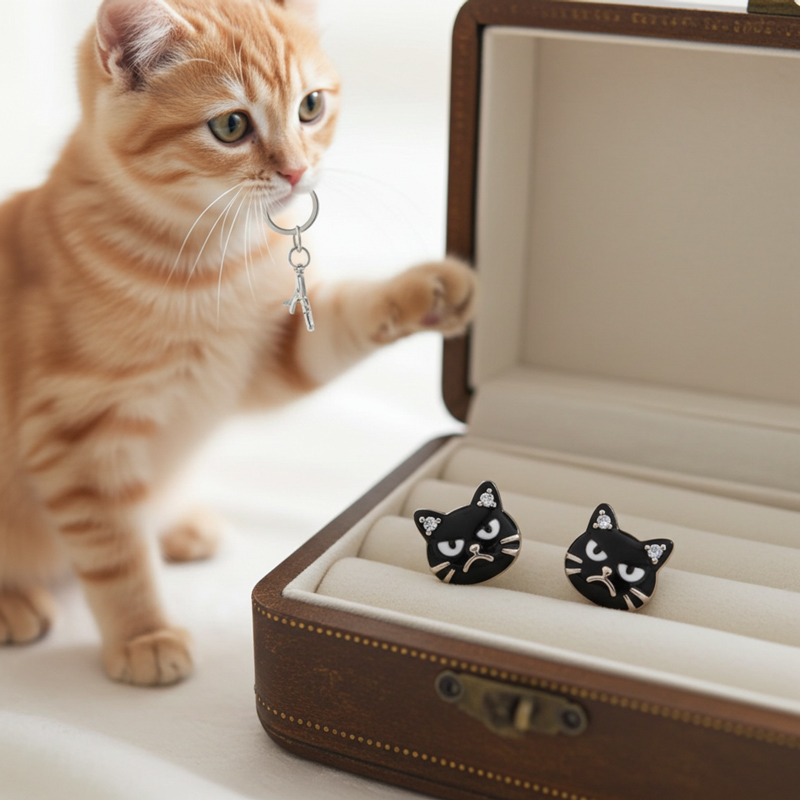 Sotiya Grumpy Black Cat Enamel Stud Earrings-Sotiya