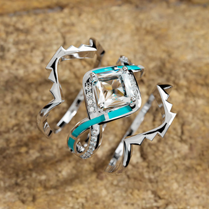 Sotiya Three Piece Twist Princess Cut Enamel Bridal Wedding Ring Set  Sterling Silver-Sotiya