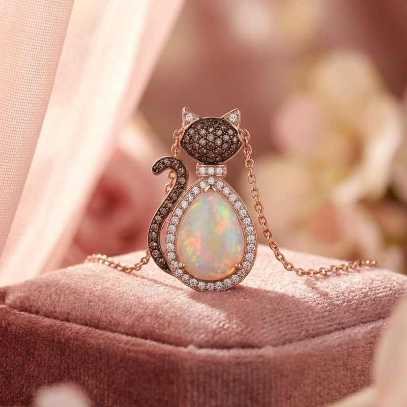 Sotiya Cat Design Halo Opal Pear Cut Coffee Necklace Sterling Silver-Sotiya