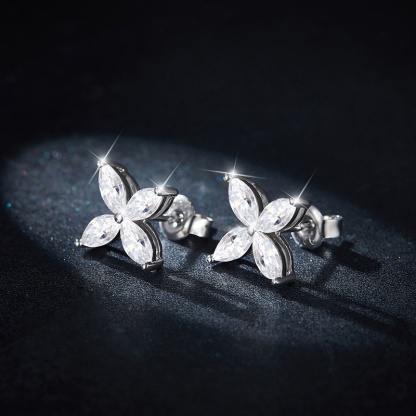 Sotiya Flower Design Marquise Cut Moissanite Stud Earrings Sterling Silver-Sotiya