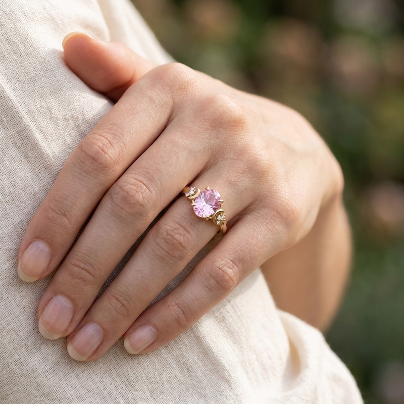 Sotiya Moon Design Pink Oval Fantasy Starbrite Cut Engagement Ring Sterling Silver-Sotiya