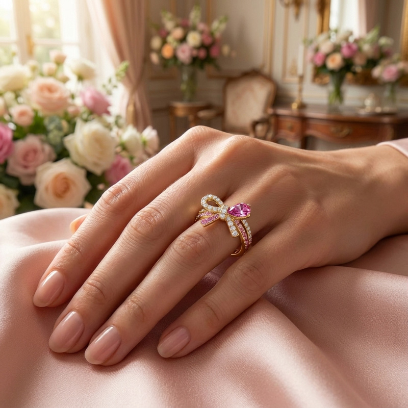 Sotiya Bow Knot Pink Pear Cut Cocktail Ring Sterling Silver-Sotiya