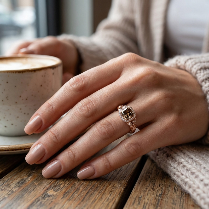 Sotiya Rose Synthetic Morganite Halo Cushion Cut Coffee Engagement Ring Sterling Silver-Sotiya