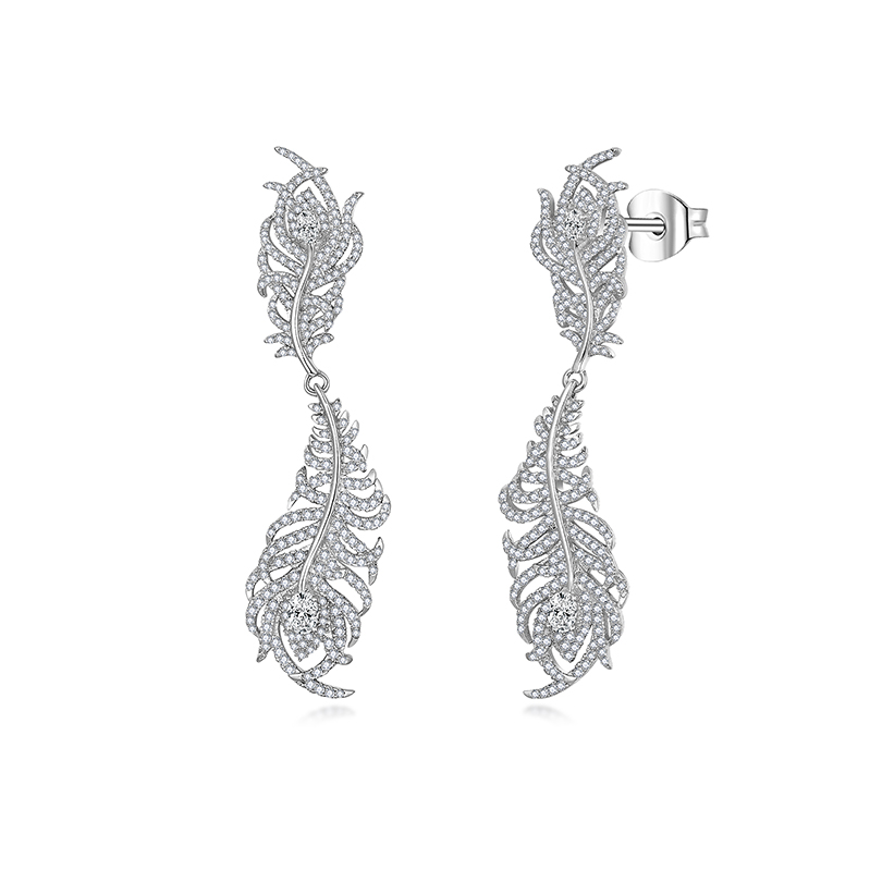 Sotiya Feather Design Round Cut Moissanite Drop Earrings Sterling Silver-Sotiya