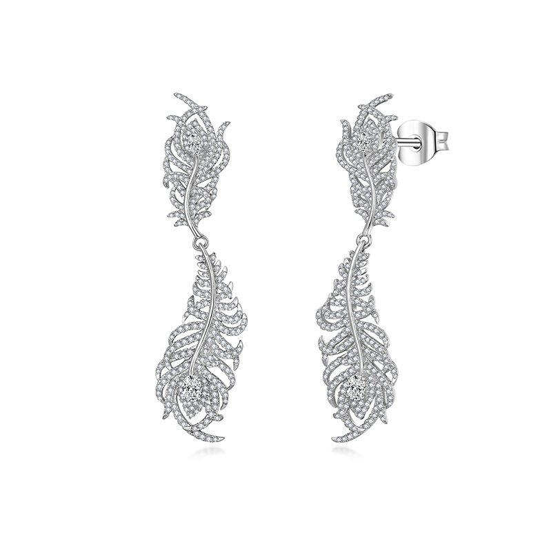 Sotiya Feather Design Round Cut Moissanite Drop Earrings Sterling Silver-Sotiya