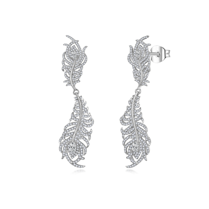 Sotiya Feather Design Round Cut Moissanite Drop Earrings Sterling Silver-Sotiya