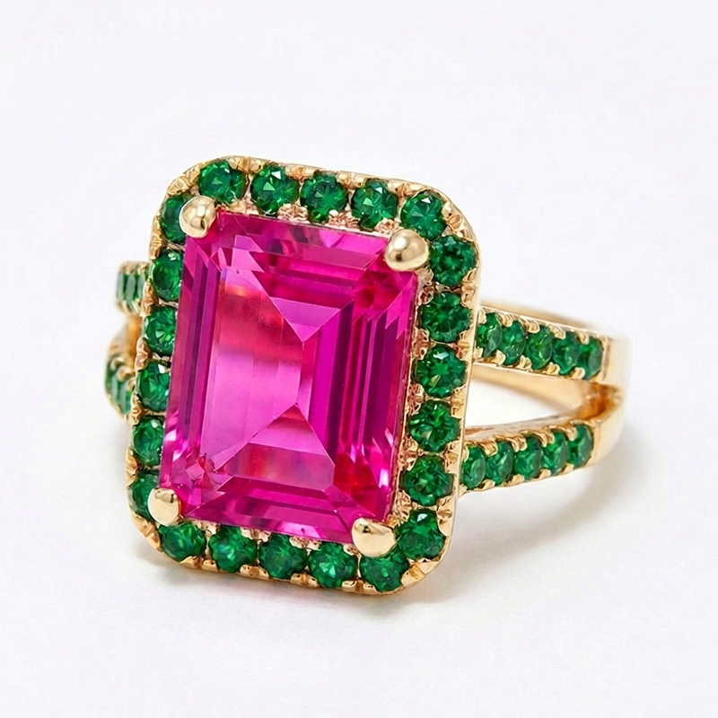 Sotiya Halo Emerald Cut Hot Pink and Green Engagement Ring Sterling Silver