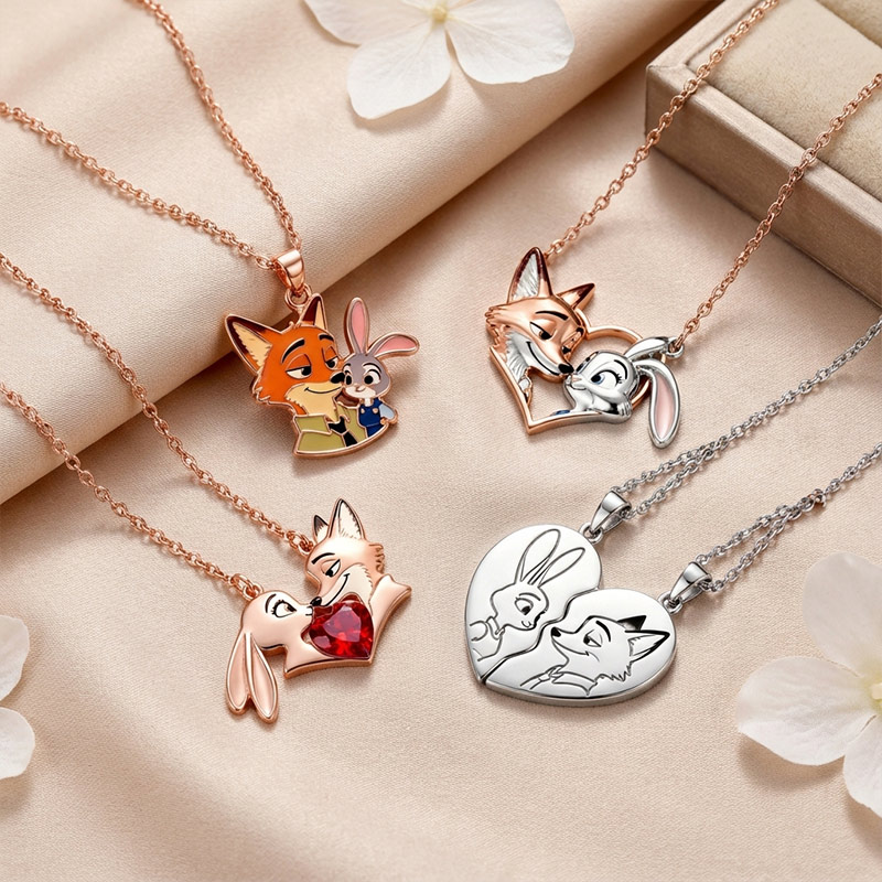 Animal City Bunny and Fox Inspired Couple Heart Necklace-Sotiya
