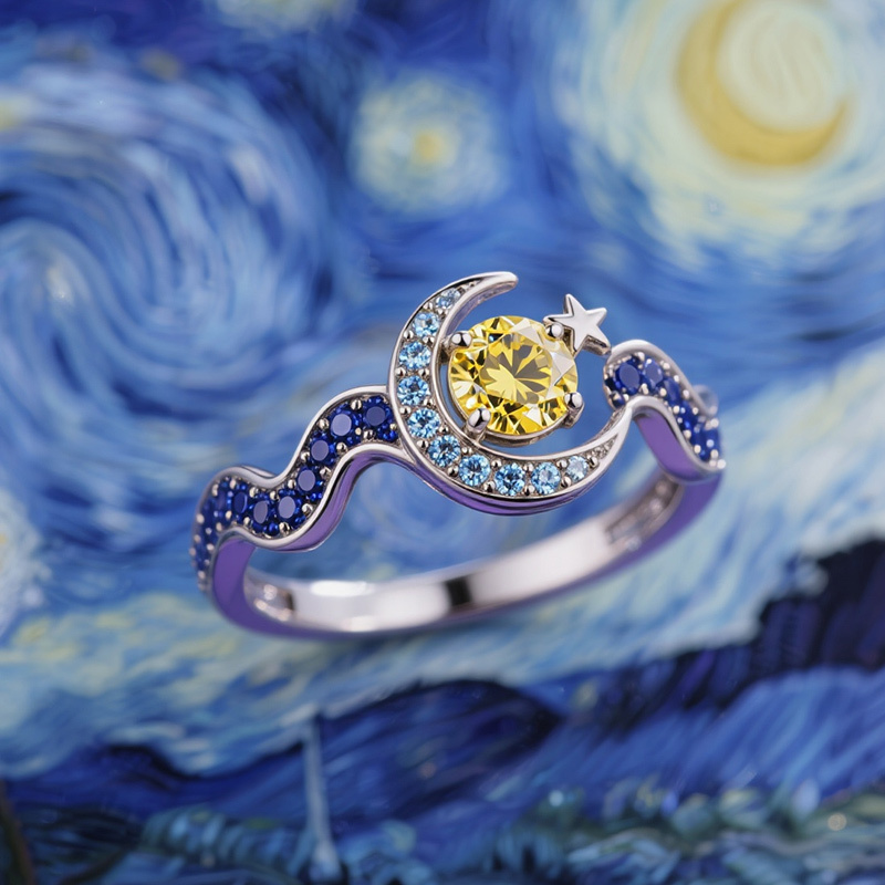 Sotiya Artist Collection Famous Painting Starry Night Round Cut Cocktail Ring Sterling Silver-Sotiya
