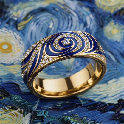 Sotiya Artist Collection Famous Painting Enamel Starry Night Curve Curl Design Women's Wedding Ring Band Sterling Silver-Sotiya