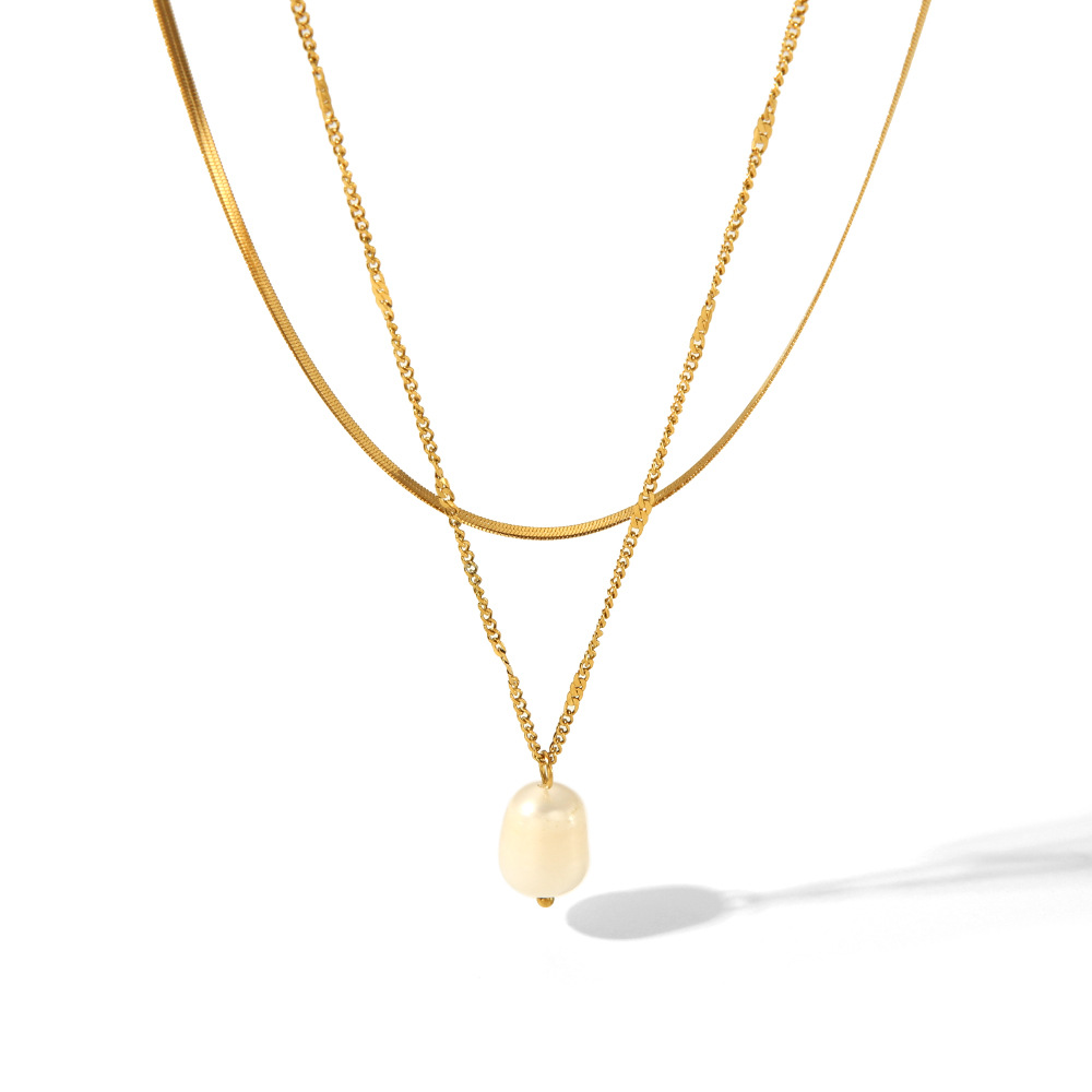 Sotiya Freshwater Pearl Double Omega Necklace Titanium Steel with Gold Plating-Sotiya