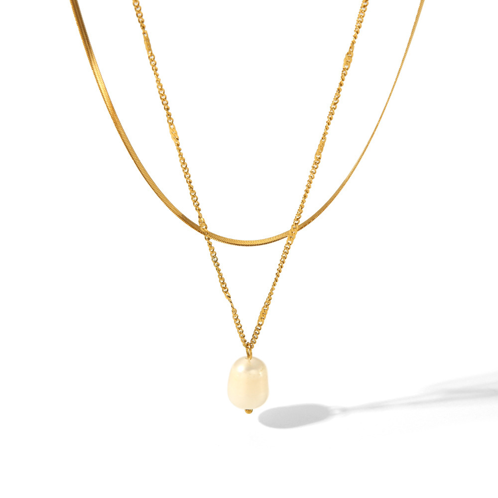 Sotiya Freshwater Pearl Double Omega Necklace Titanium Steel with Gold Plating-Sotiya