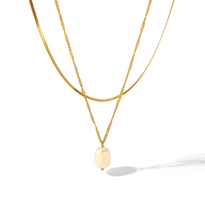 Sotiya Freshwater Pearl Double Omega Necklace Titanium Steel with Gold Plating-Sotiya