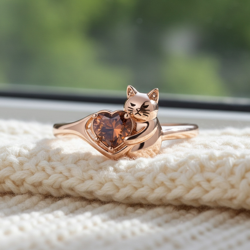 Sotiya Grumpy Cat Embraces Love Heart Coffee Cocktail Ring-Sotiya