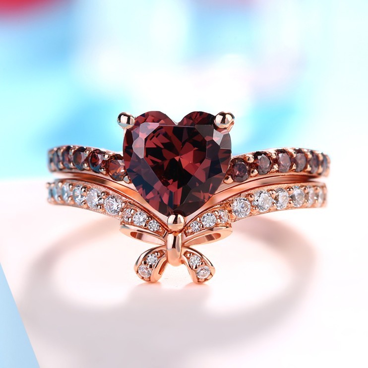 Sotiya Heart Cut Chocolate Bow Rose Gold Wedding Bridal Ring Set Sterling Silver-Sotiya