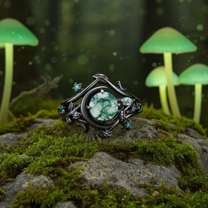Sotiya Nature Inspired Round Cut Green Moss Agate Wedding Bridal Ring Set Sterling Silver-Sotiya
