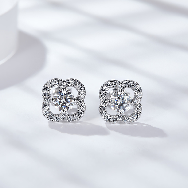 Sotiya Four Leaf Clover Round Cut Moissanite Stud Earrings Sterling Silver-Sotiya