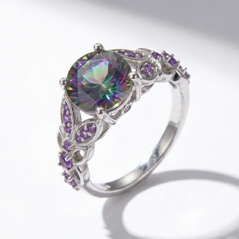 Sotiya Butterfly Round Cut Rainbow Mystic Quartz Engagement Ring Sterling Silver-Sotiya