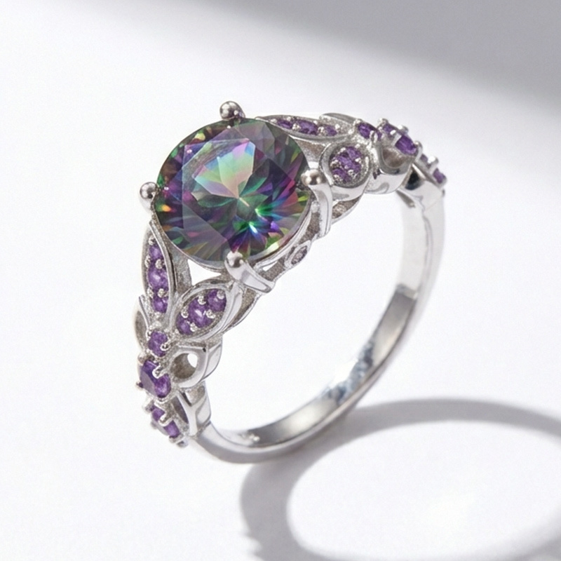 Sotiya Butterfly Round Cut Rainbow Mystic Quartz Engagement Ring Sterling Silver-Sotiya