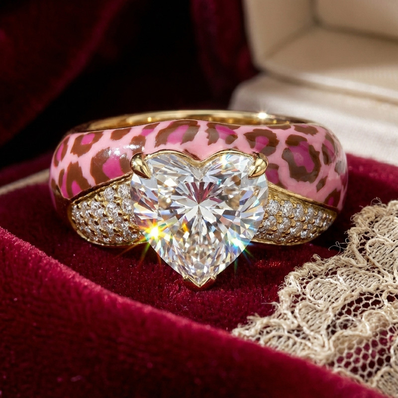 Sotiya Heart Cut Leopard Print Pink Enamel Ring Sterling Silver-Sotiya