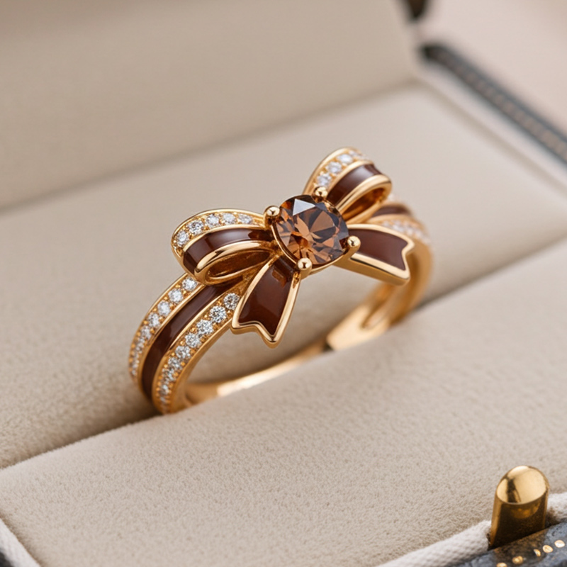 Sotiya Cushion Cut Bowknot Coffee Enamel Promise Ring Sterling Silver-Sotiya