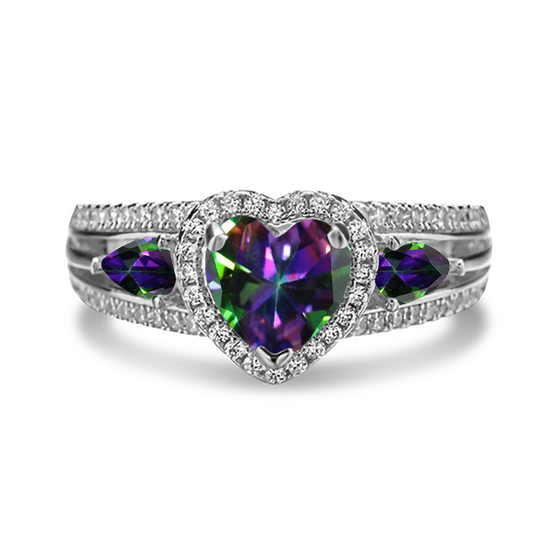 Sotiya Three Stone Halo Heart Cut Rainbow Mystic Quartz Engagement Ring Sterling Silver-Sotiya