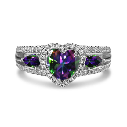 Sotiya Three Stone Halo Heart Cut Rainbow Mystic Quartz Engagement Ring Sterling Silver-Sotiya