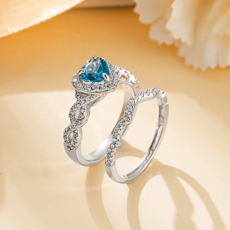 Sotiya Halo Heart Cut Twist Wedding Ring Set Sterling Silver-Sotiya