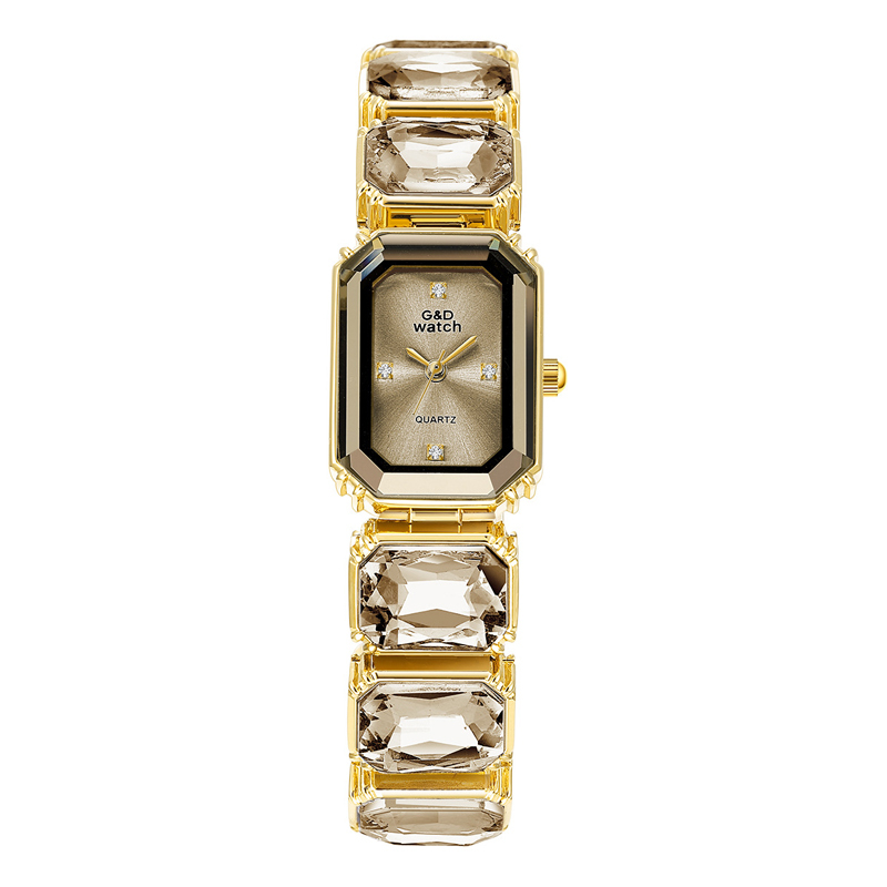 Sotiya Square Dial Quartz Movement Gold Watch with Stone-Encrusted Strap-Sotiya