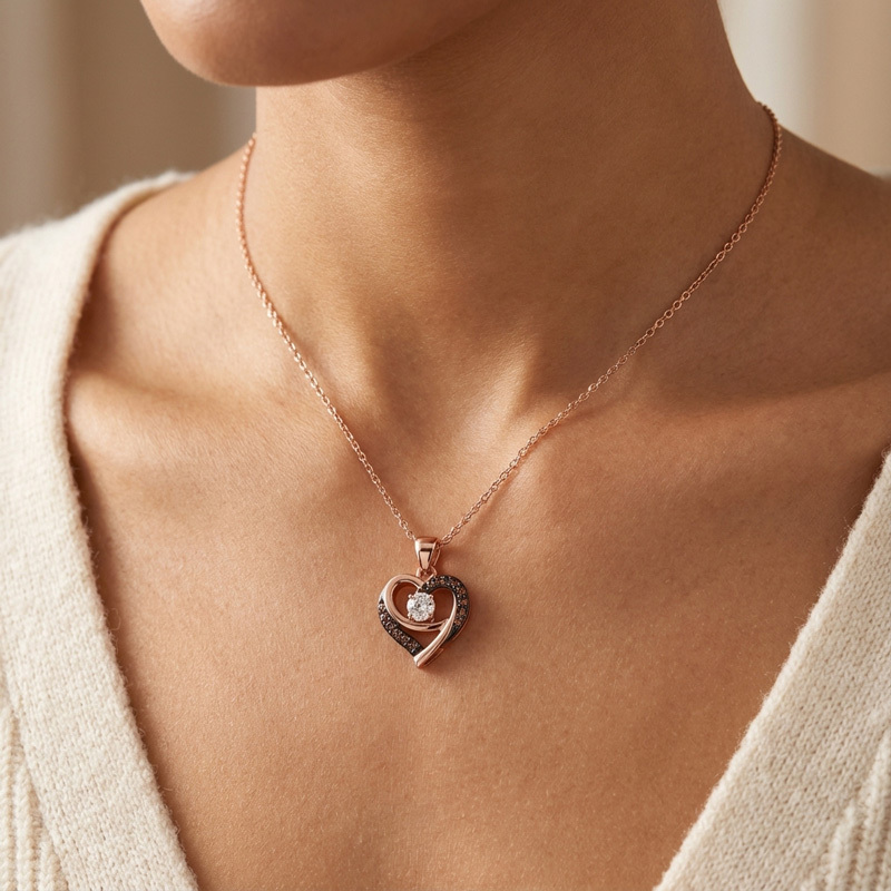 Sotiya Two Tone Heart Shaped Round Cut Coffee Necklace Sterling Silver-Sotiya