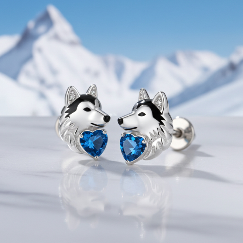 Sotiya Husky Dog Embraces Love Heart Stud Earrings-Sotiya