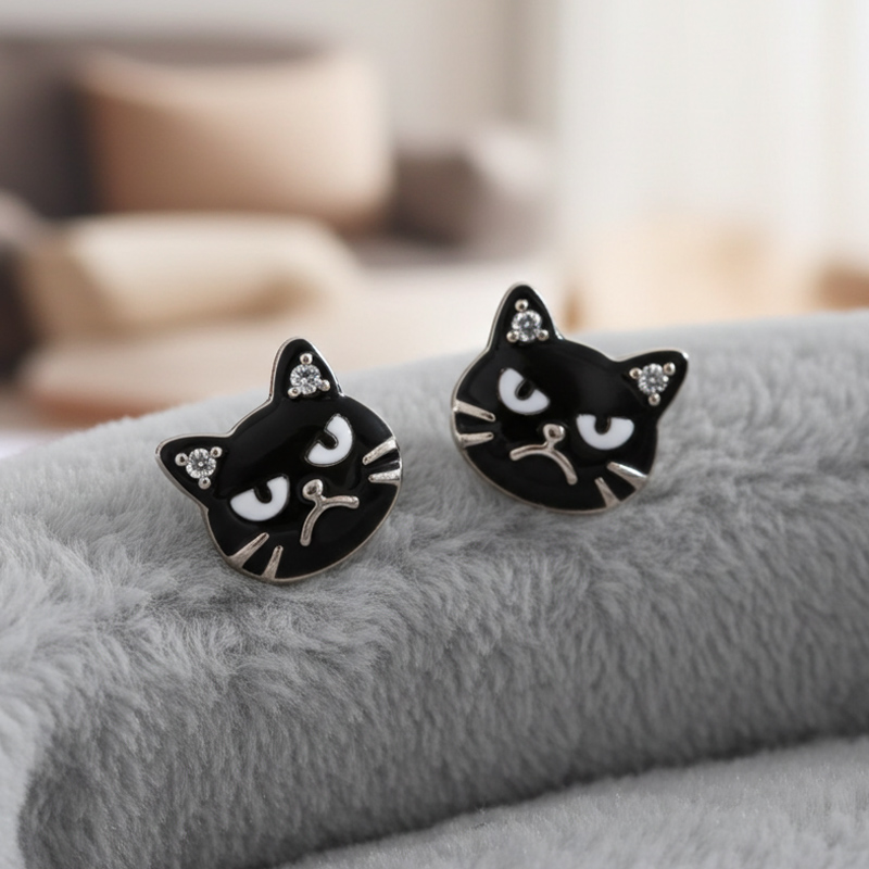 Sotiya Grumpy Black Cat Enamel Stud Earrings-Sotiya