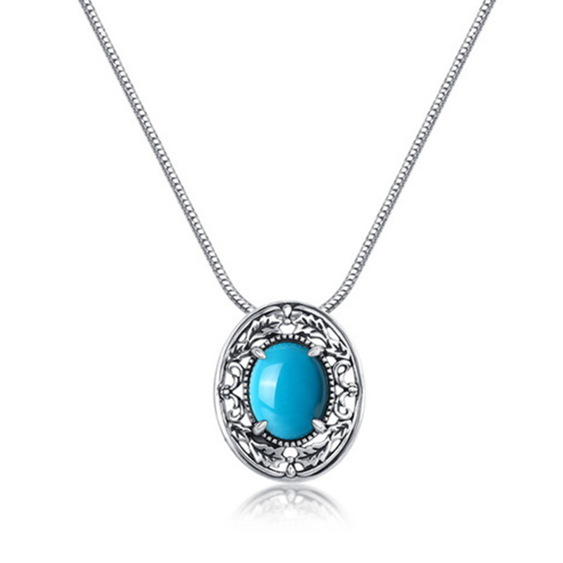 Sotiya Vintage Milgrain Leaf Design Oval Cut Turquoise Necklace Sterling Silver-Sotiya