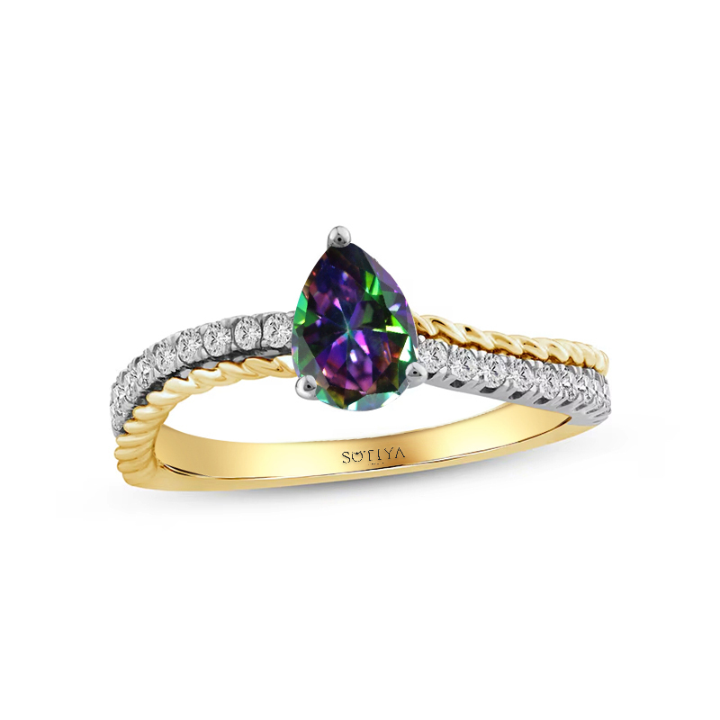 Sotiya Two Tone Curved Shank Pear Cut Rainbow Mystic Quartz Engagement Ring Sterling Silver-Sotiya