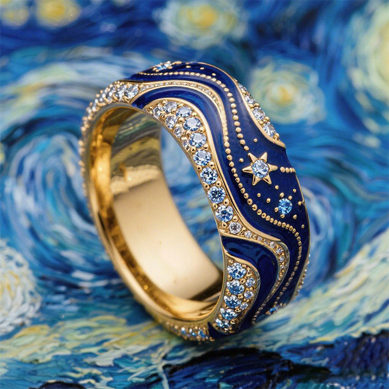 Sotiya Artist Collection Famous Painting Enamel Starry Night Curve Curl Design Women's Wedding Ring Band Sterling Silver Christmas Gift-Sotiya