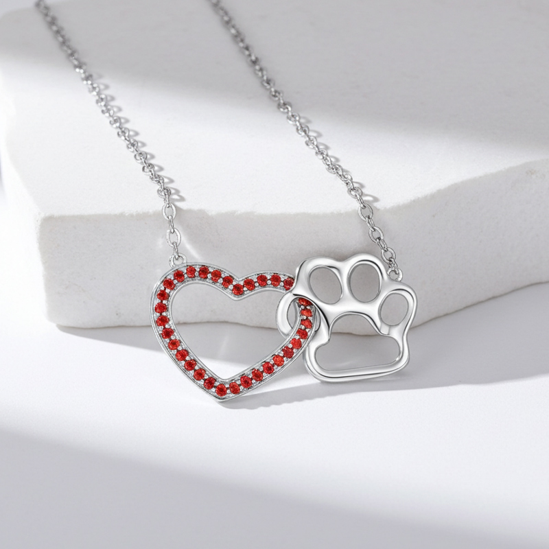 Sotiya Heart Paw Print Garnet Necklace Sterling Silver