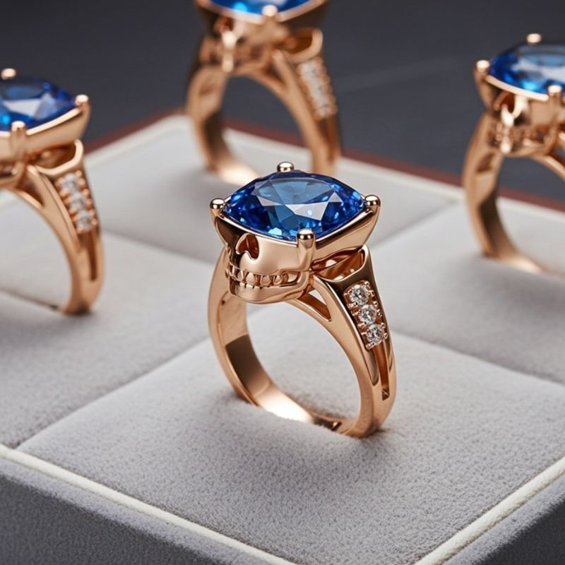 Sotiya Gothic Skull Cushion Cut Sapphire Blue Cocktail Ring Sterling Silver-Sotiya