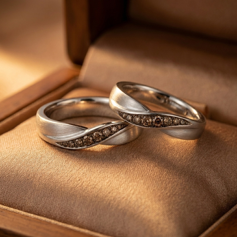 Sotiya Wave-shaped Round Cut Coffee Couple Rings Sterling Silver