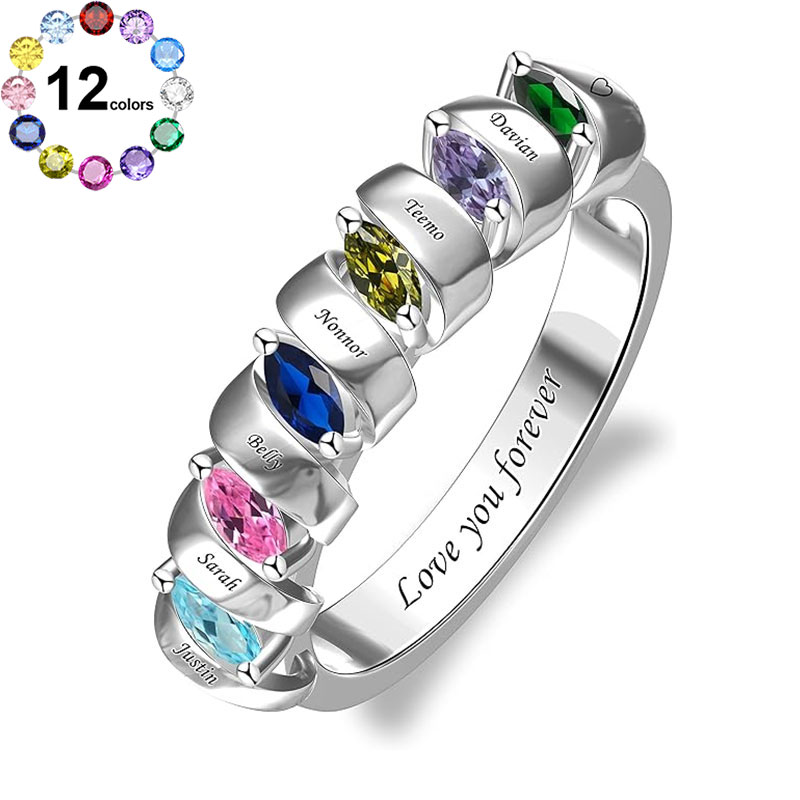 Sotiya Marquise Cut Custom 12 Birthstone Engraved Name Promise Ring Sterling Silver-Sotiya
