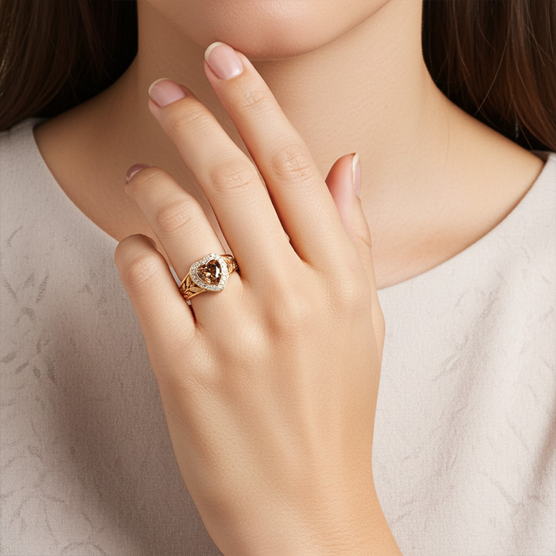 Sotiya Halo Heart Cut Vintage Leaf Coffee Engagement Ring Sterling Silver-Sotiya