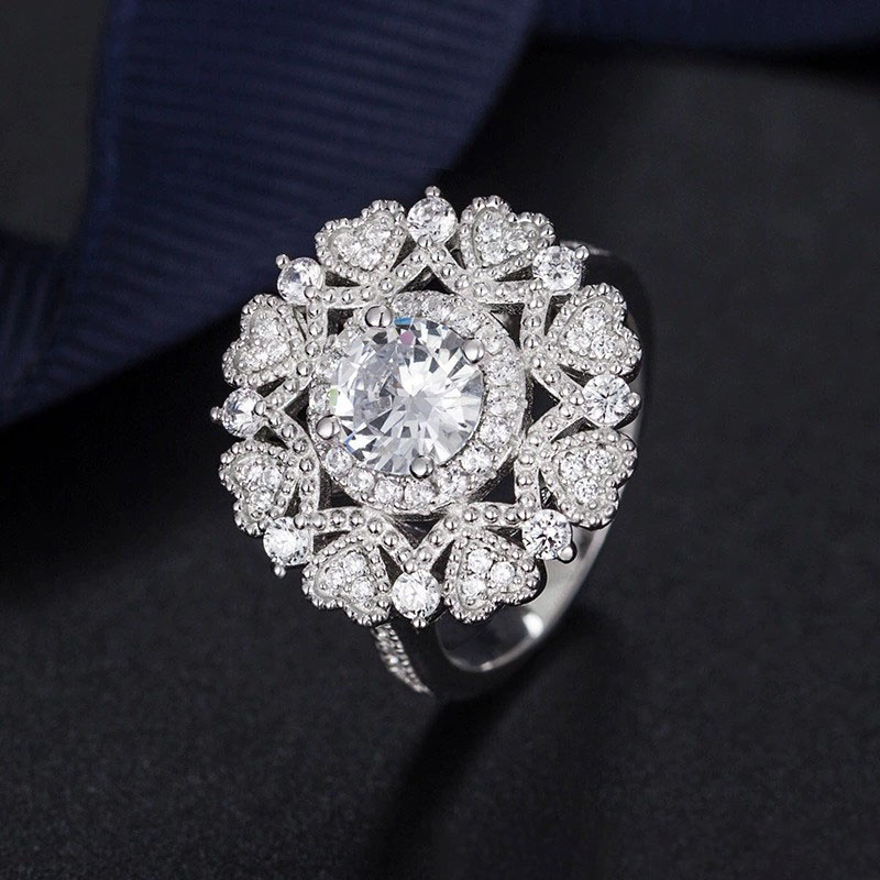 Sotiya Milgrain Cluster Heart Halo Round Cut Engagement Ring Sterling Silver-Sotiya