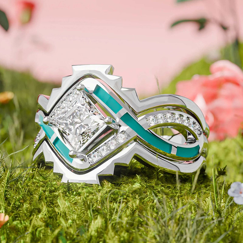 Sotiya Three Piece Twist Princess Cut Enamel Bridal Wedding Ring Set  Sterling Silver-Sotiya