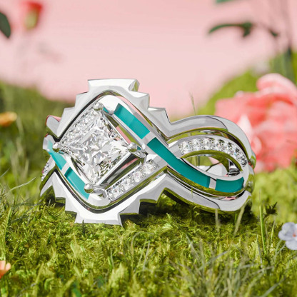 Sotiya Three Piece Twist Princess Cut Enamel Bridal Wedding Ring Set  Sterling Silver-Sotiya